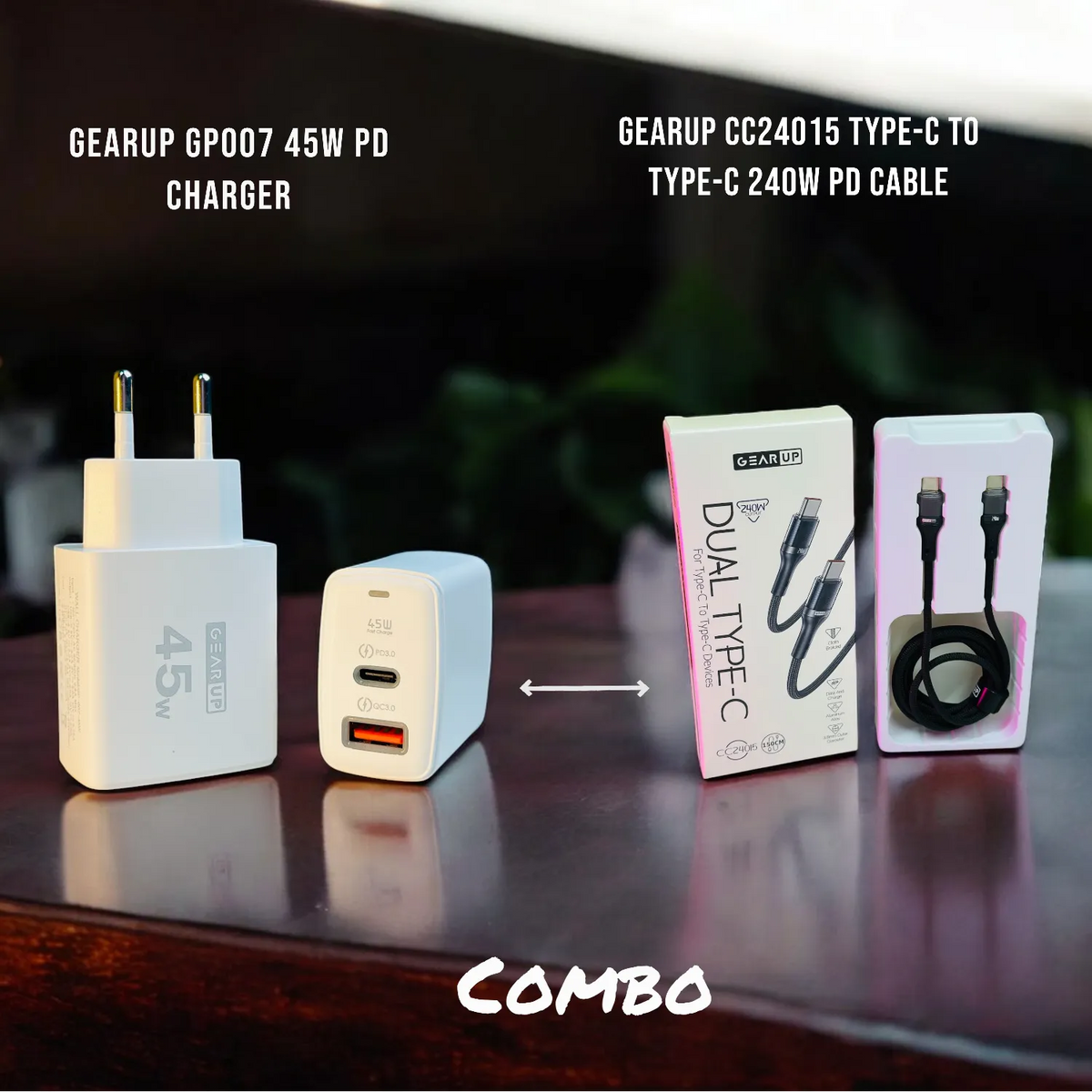 GearUP GP007 45W Fast PD Charger & CC24015 Type-C to Type-C 240W PD Cable Combo