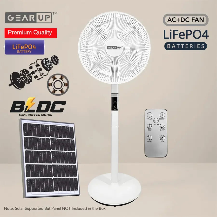 GearUP GP90 - 14 inch Premium Rechargeable LiFePO4 + BLDC AC+DC+Solar Stand Fan (Without Solar Panel)