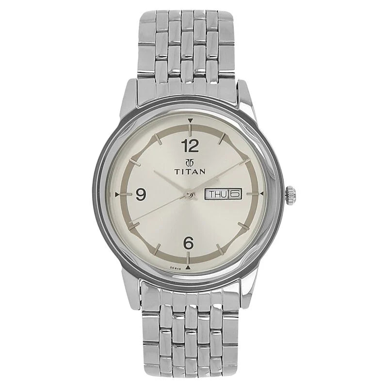 Titan Quartz Analog with Day and Date Silver Dial Stainless Steel Strap Watch for Men - NK1638SM01