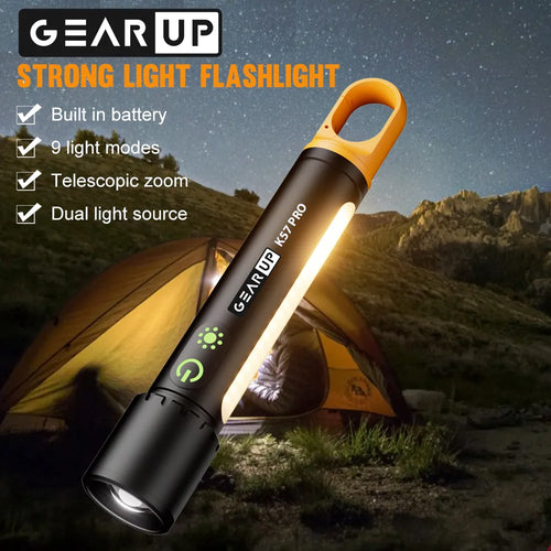 GearUP K57 PRO Strong Light Flashlight with COB side light and telescopic zoom
