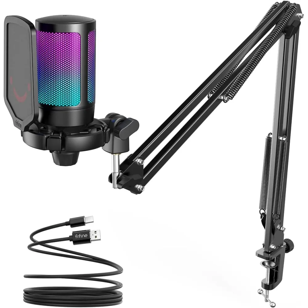 FIFINE AMPLIGAME A6T Gaming PC USB Microphone & Podcast Condenser Mic with Boom Arm Microphone