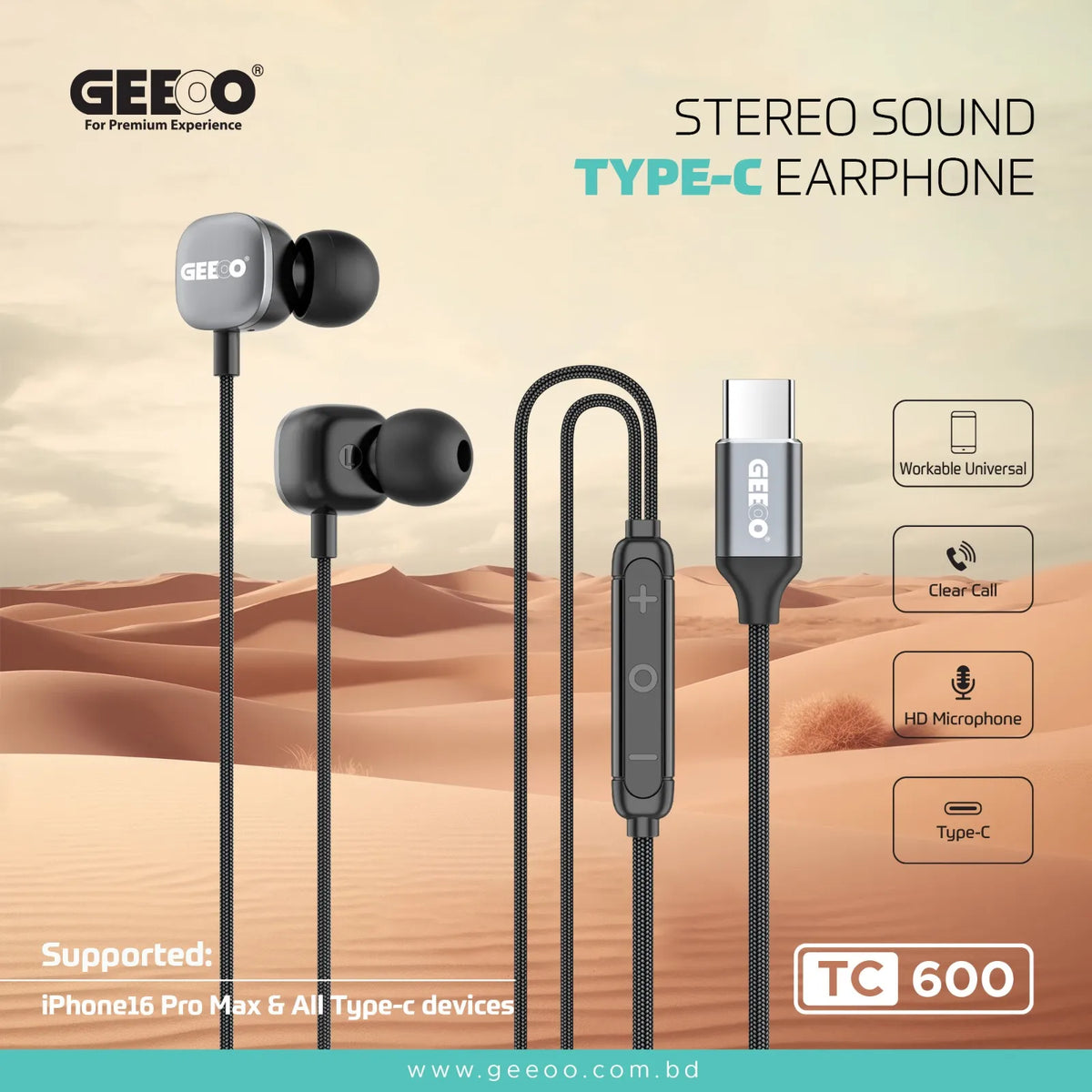 GEEOO TC600 Type-C Ultra Bass Earphone - Black