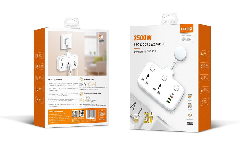 LDNIO SC2413 PD & QC3.0 2 Universal Outlets Power Socket — 2 Universal AC Outlets with Fast USB PD & QC3.0 Charging (Whi