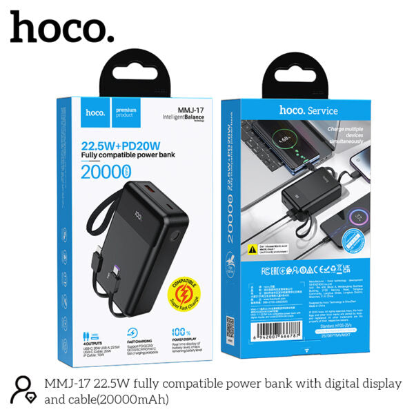 Hoco MMJ-17 22.5W Power Bank - 20000mAh Built-in Lightning & Type-C Cables