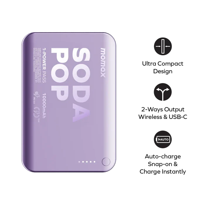 Momax 1-Power Pass Soda Pop Magnetic Wireless Power Bank 10000mah - Pink